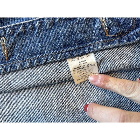 Vintage 90s Leather Collar Denim Jean Trucker Jacket Barn Chore Coat - Picture 13 of 13